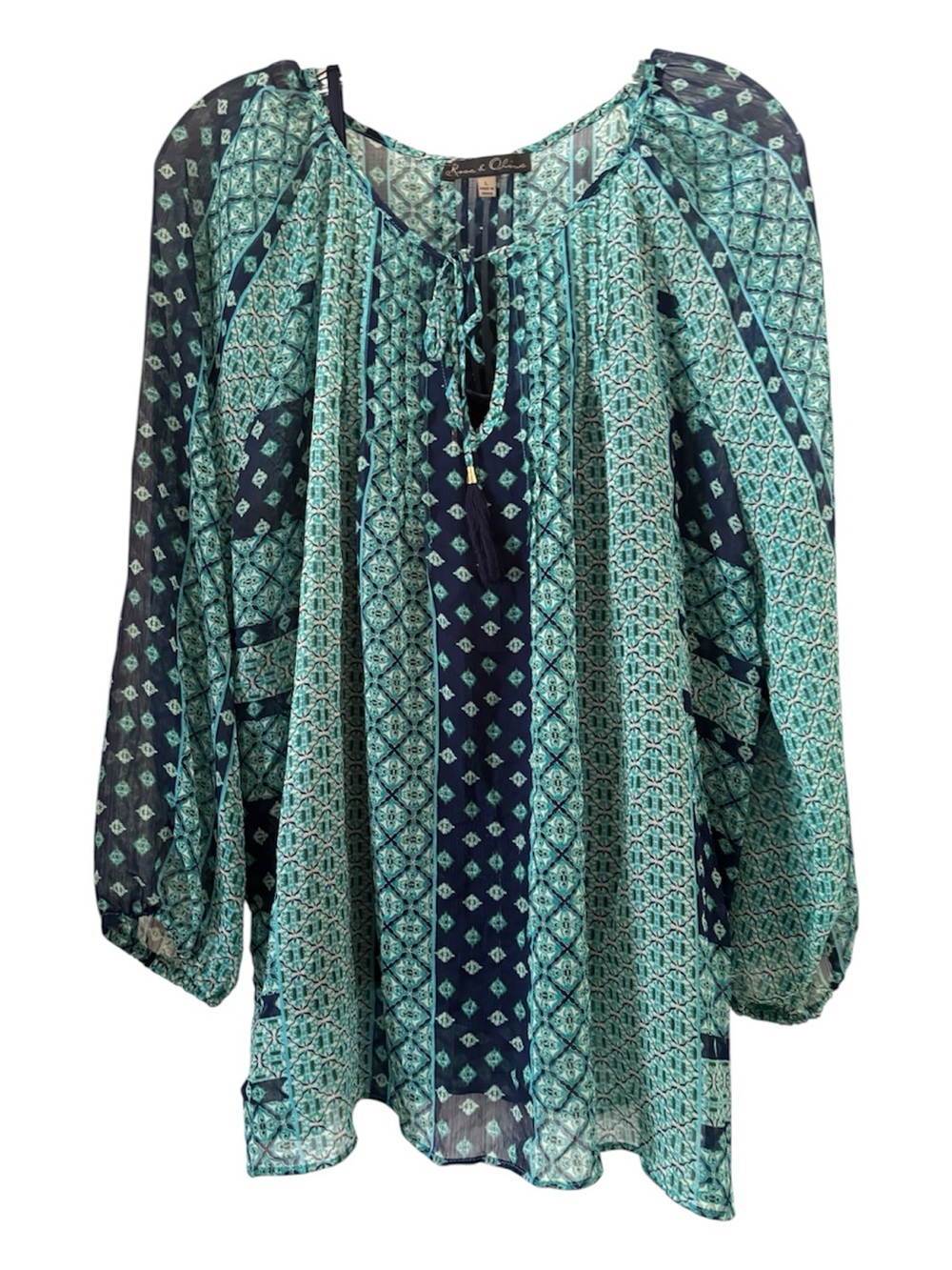 Rose & Olive Teal and Navy Printed Peasant Blouse L
